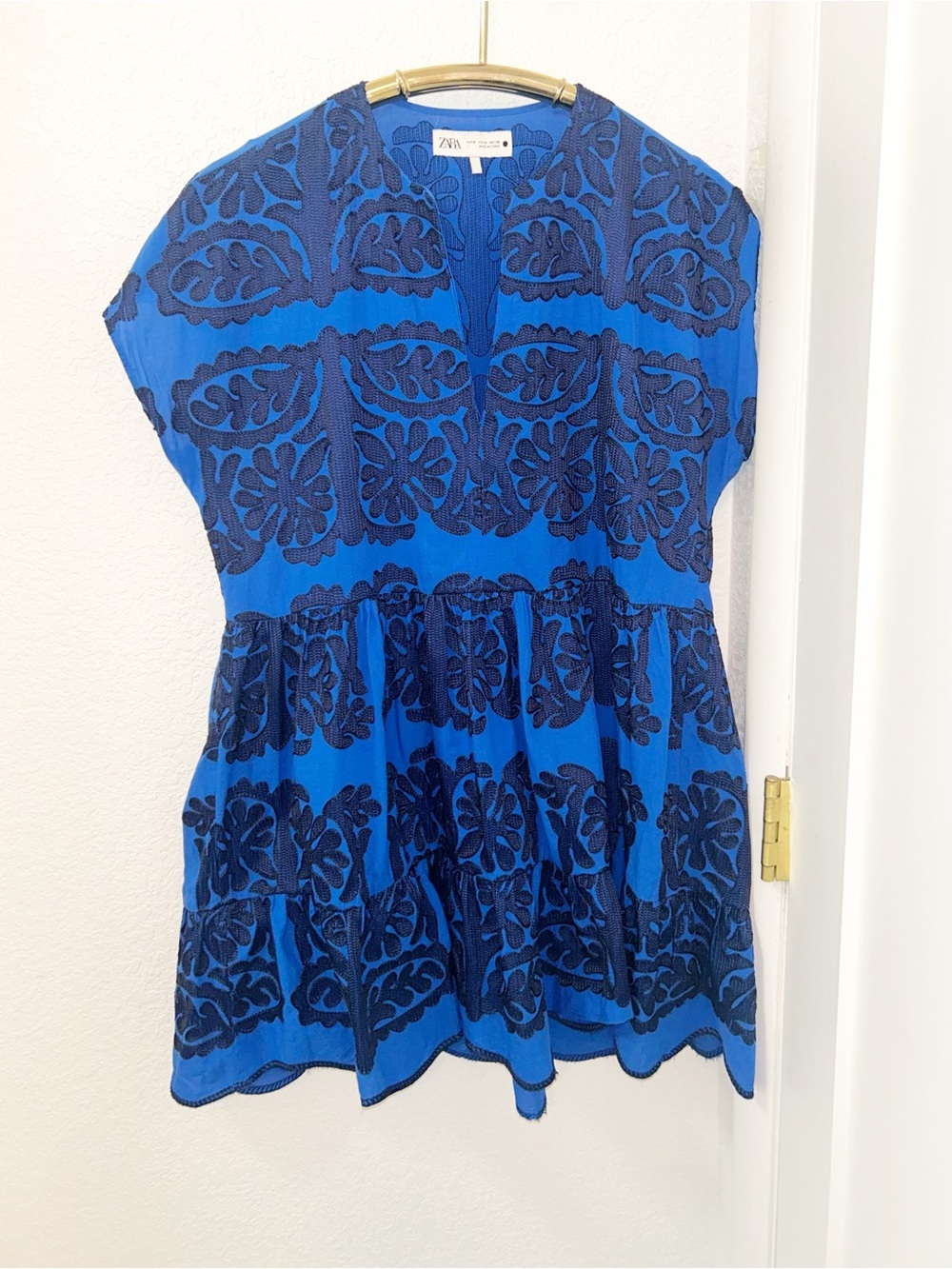 ZARA The Fully Embroidered Tiered Mini Dress in COBALT Notch V Neck SZ: Medium